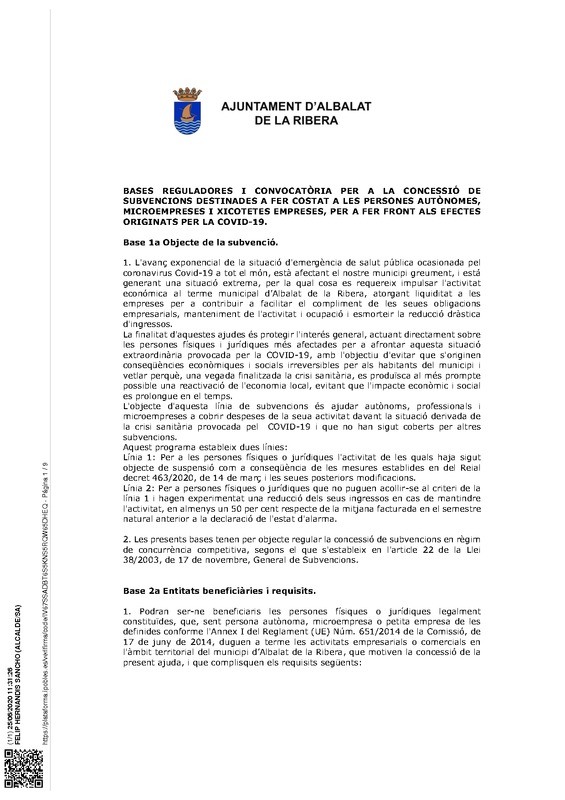 Subvenciones aut�nomos y peque�as empresas por la crisis de la Covid-19